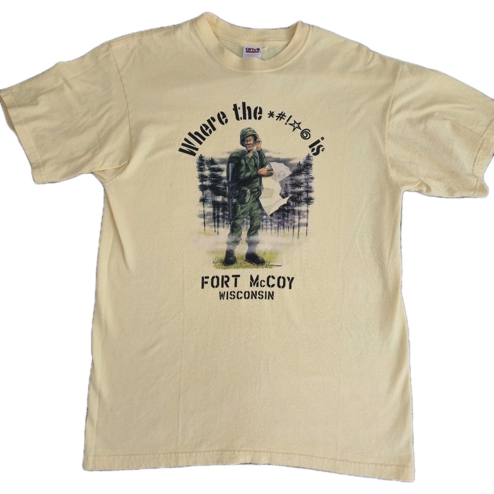 Vintage Where the @#*!!* Is Fort McCoy Men's L T Shirt Army Funny Wisconsin